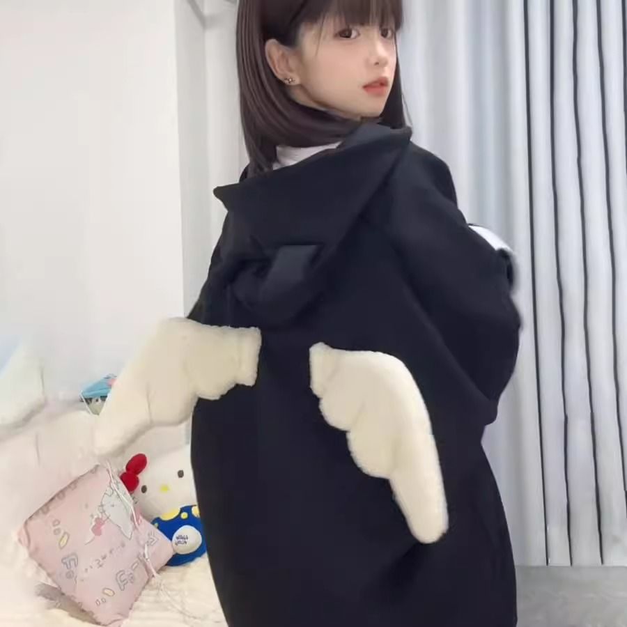 MAOYOU美式奶甜可爱天使翅膀卫衣女秋冬宽松高街星星刺绣拉链外套