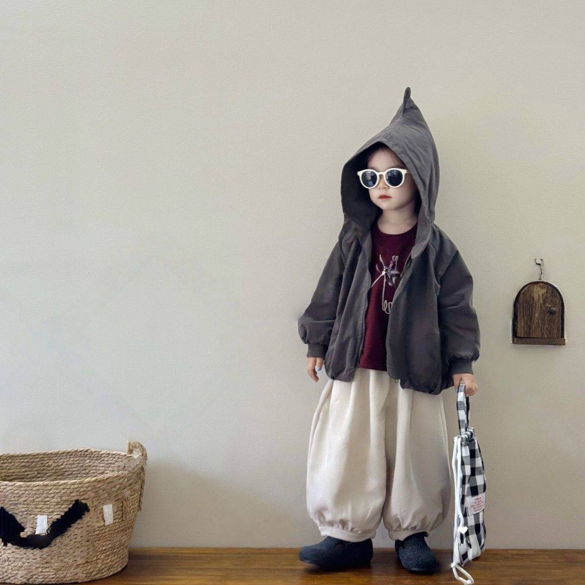 韩国童装2025秋季男女童复古中性可爱造型帽外套连帽风衣夹克潮
