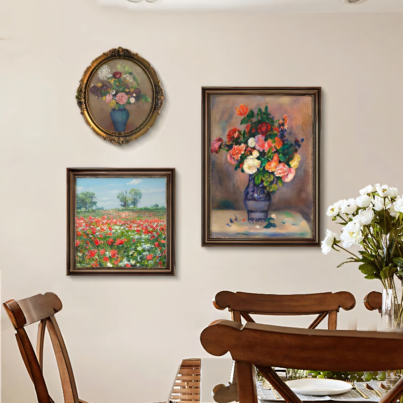 美式花卉复古组合挂画餐厅装饰画油画客厅沙发背景墙肌理玄关壁画图片