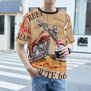 美式复古Route66机车印花T恤做旧地图宽松短袖男装潮流短袖上衣
