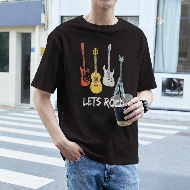 夏季透气凉感短袖T恤复古多色吉他印花男装宽松休闲百搭男士上衣