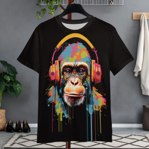 潮酷猩猩耳机印花短袖T恤男透气凉感宽松半袖美式街头风休闲上衣