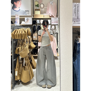 慵懒风银灰色阔腿牛仔裤女小个子梨形粗腿遮肉显瘦松弛感阔腿长裤