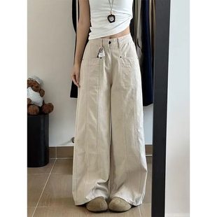 女秋季 150XS码 小个子工装 风休闲牛仔裤 显瘦高腰直筒垂感阔腿长裤