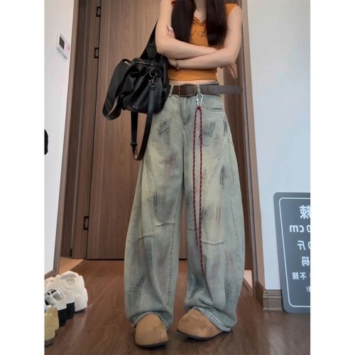 美式复古废土风脏染弯刀牛仔裤女