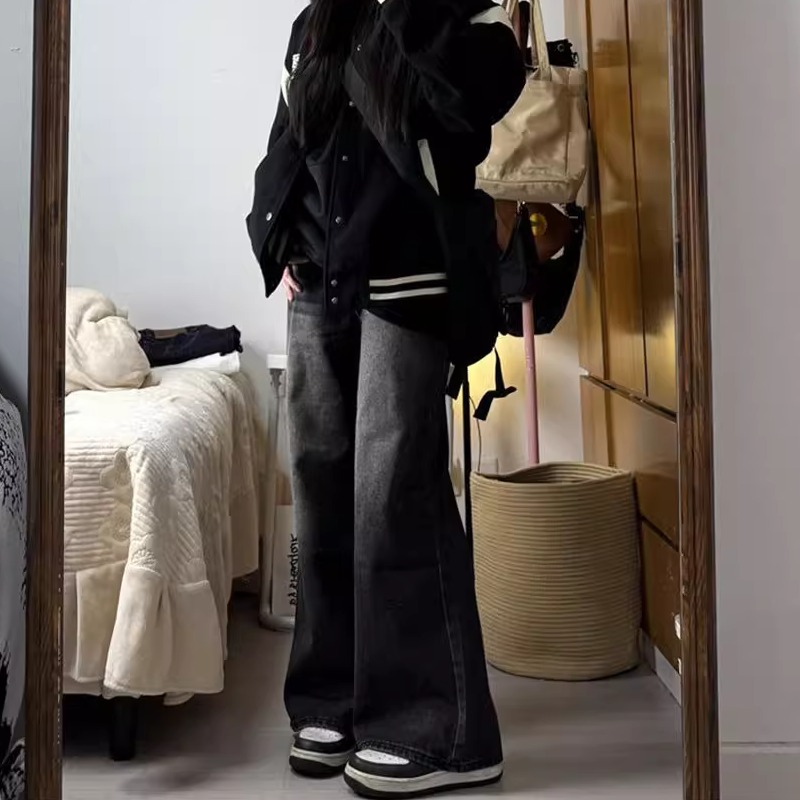 黑灰色微喇高腰牛仔裤女小个子