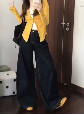 小个子高腰深蓝色牛仔阔腿裤女显瘦宽松bf慵懒风复古直筒拖地长裤
