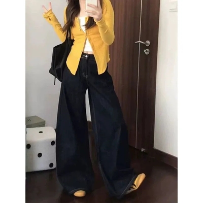 小个子高腰深蓝色牛仔阔腿裤女