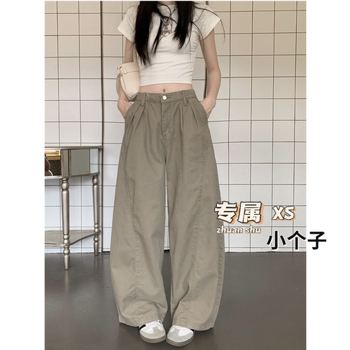 卡其色松紧腰弯刀牛仔裤小个子