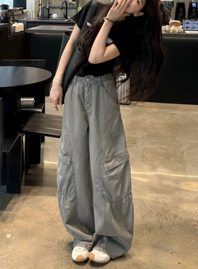 美式工装风灰色阔腿牛仔裤女小个子高腰显瘦宽松多口袋直筒休闲裤