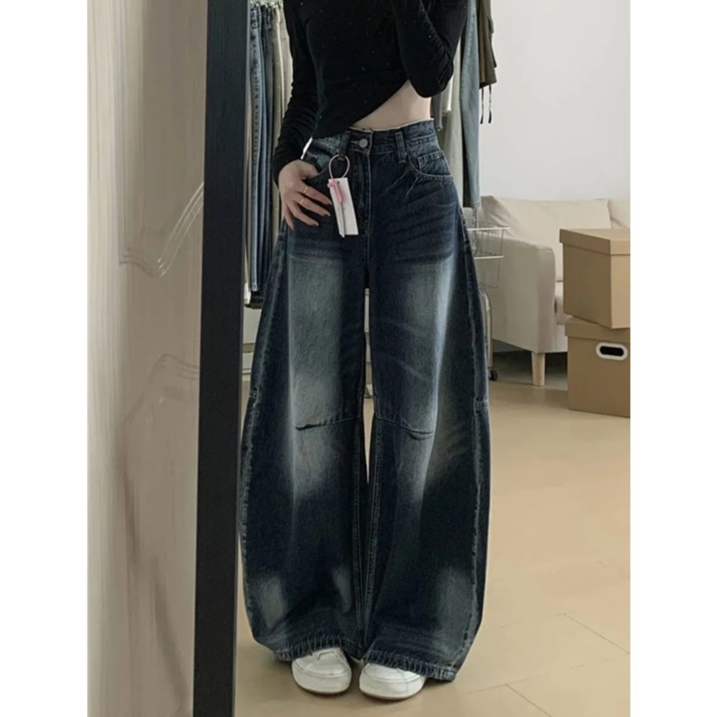 蓝灰色慵懒松弛风牛仔裤女小个子梨形宽松粗腿遮肉显瘦弯刀阔腿裤