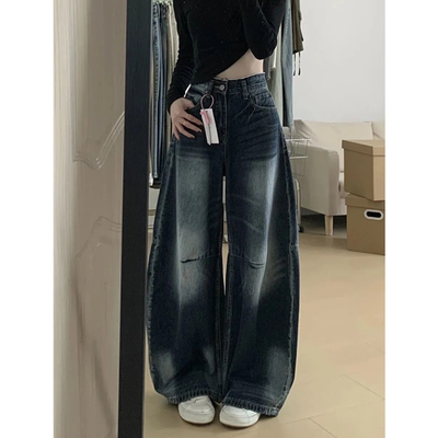 蓝灰色慵懒松弛风牛仔裤女小个子梨形宽松粗腿遮肉显瘦弯刀阔腿裤