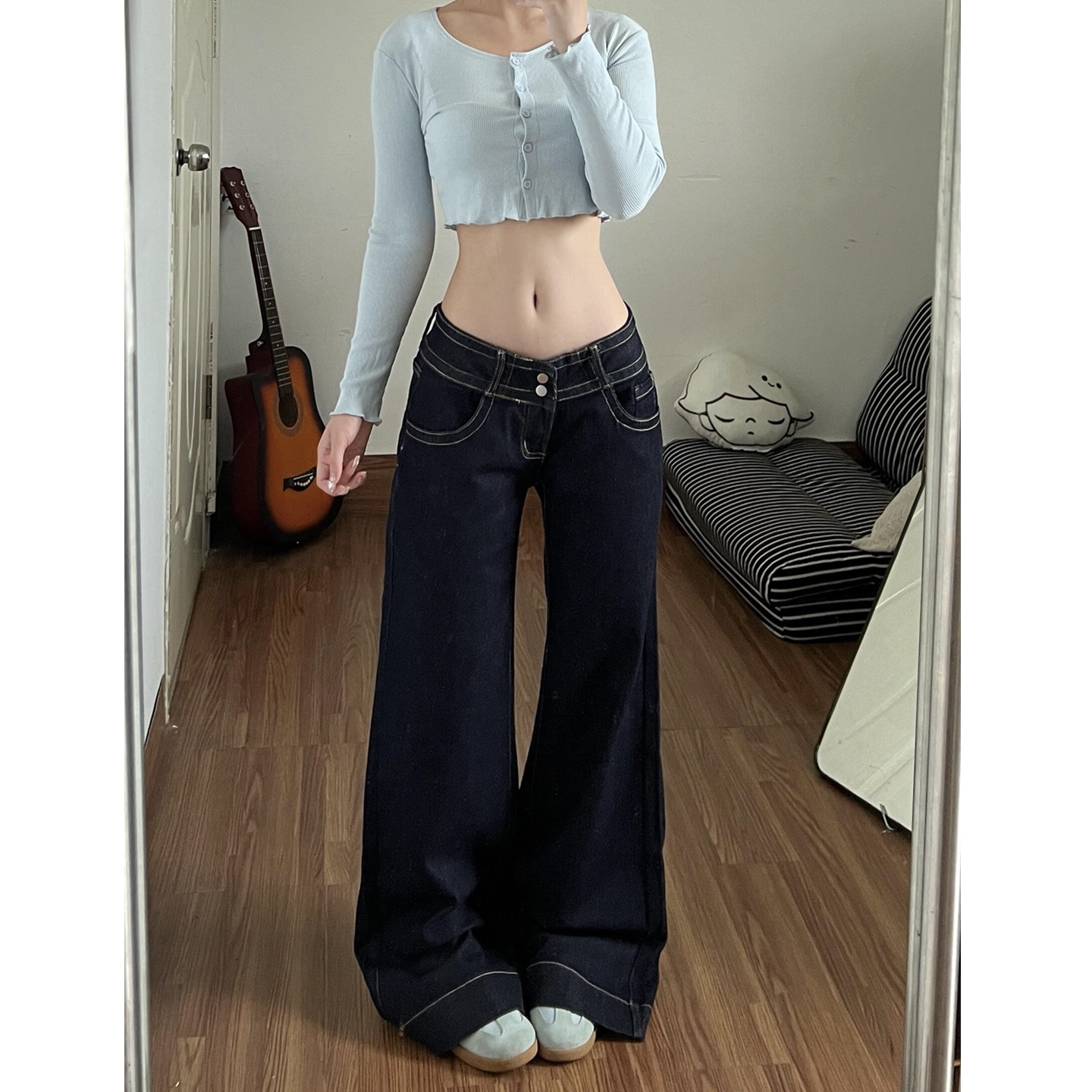 复古水洗原牛深蓝色微喇叭牛仔裤女小个子低腰显高显瘦阔腿拖地裤