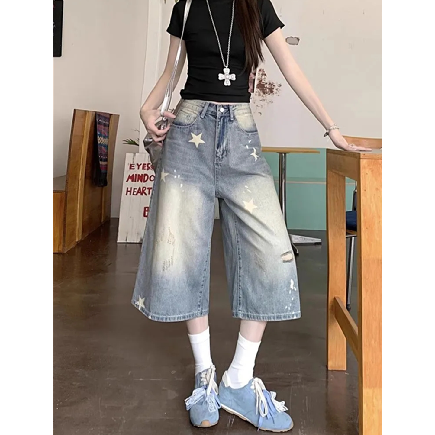小个子复古个性做旧星星印花牛仔过膝短裤女夏季高腰阔腿七分中裤