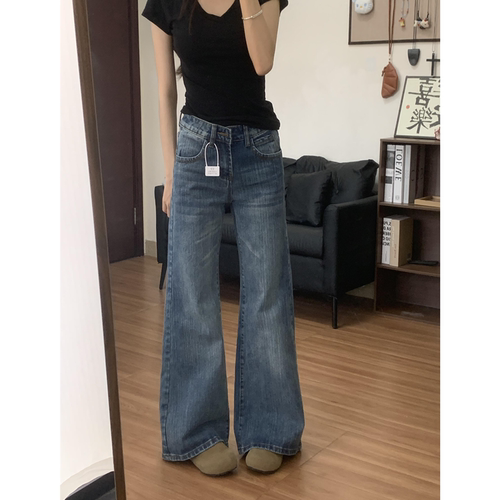 复古竹节纹低腰微喇显高牛仔裤