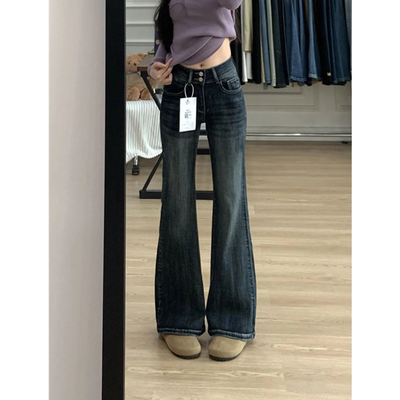 复古水洗做旧微喇叭显高牛仔裤女