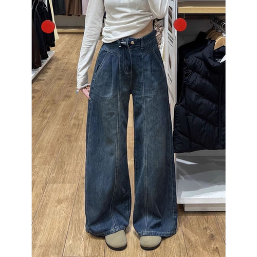 水洗深蓝色直筒牛仔裤女2026早春新款小个子宽松百搭显瘦阔腿长裤