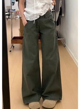 小个子军绿色工装风牛仔裤女潮牌辣妹宽松直筒高腰显瘦休闲阔腿裤
