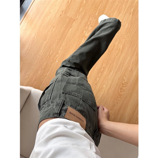 女小个子休闲高腰宽松阔腿长裤 牛仔裤 垂感显瘦 复古军绿色工装 美式