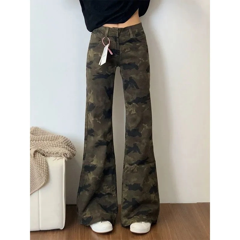 美式辣妹低腰微喇迷彩牛仔裤女
