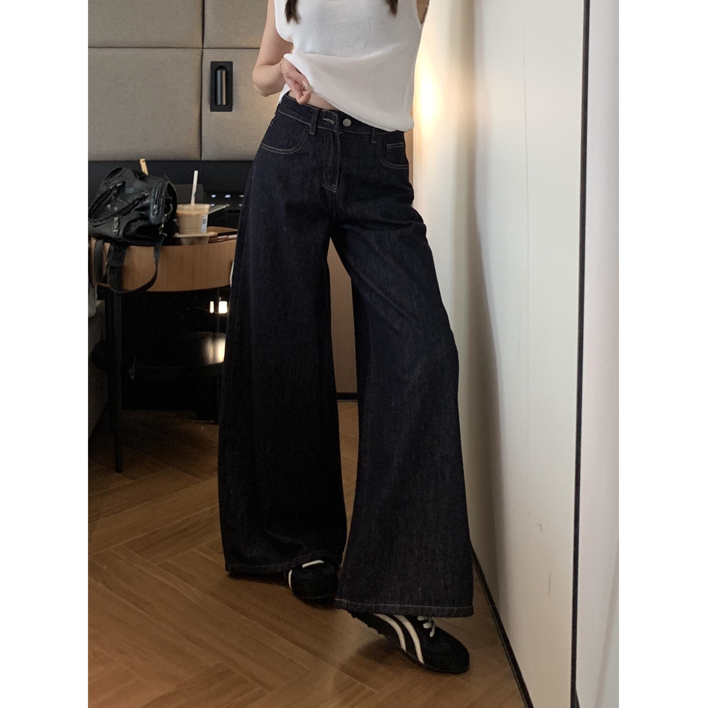 都市通勤风深蓝色高腰阔腿牛仔裤女小个子宽松垂感显瘦直筒拖地裤