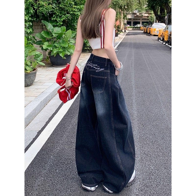 深蓝色刺绣弯刀牛仔裤女小个子