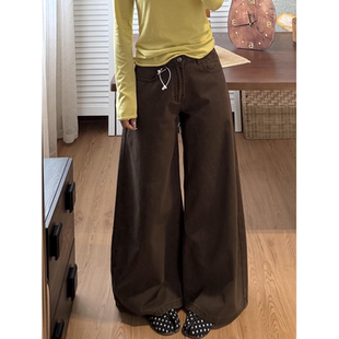 港味复古咖色A型牛仔裤女宽松小个子梨型天菜微胖显瘦遮肉阔腿裤