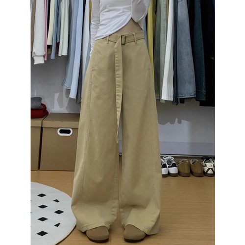 卡其色绑带阔腿牛仔裤女小个子