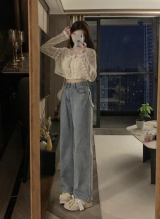 150小个子浅蓝色复古泫雅风高腰宽松显瘦直筒阔腿拖地牛仔长裤 女