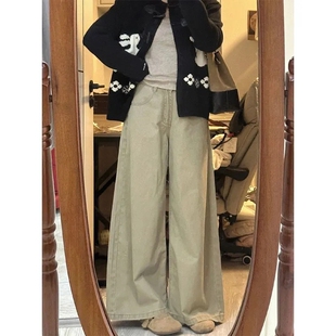 小个子卡其色港味复古大阔腿牛仔裤 女高腰宽松遮肉显瘦休闲拖地裤