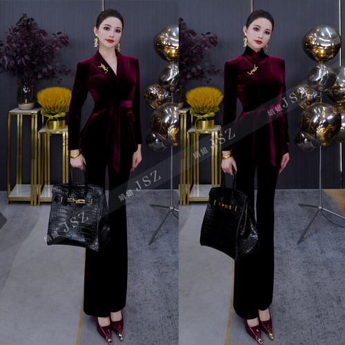 秋冬新品高定气质丝绒轻奢时尚职业女神范显瘦西装微喇裤套装118