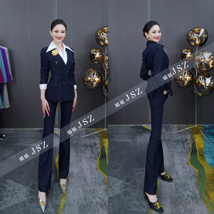 套装 新款 竖条喇叭裤 气质高定设计师显瘦双排扣西装 0286 秋冬修身