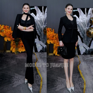 包臀裙套装 新品 微喇裤 职业女神范显瘦西装 668 春高定气质烫金时尚