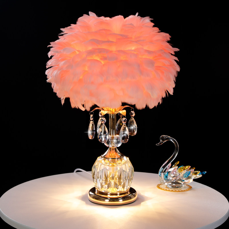 羽毛水晶床头灯台灯卧室氛围灯客厅浪漫结婚高级小型装饰灯网红灯