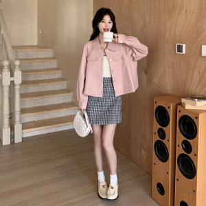 粉色简约翻领小皮衣女2025春季新韩版设计感时尚小个子PU皮外套潮图片