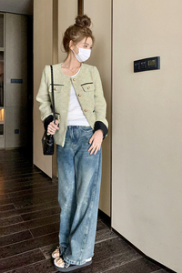 绿色毛呢小香风外套女春秋2025年新款高级感气质名媛短款夹克上衣图片