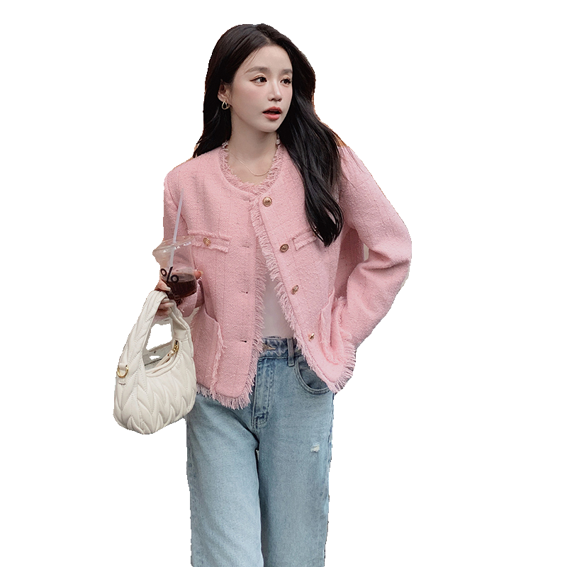 法式名媛粉色小香风外套女春秋小个子2025新款高级感气质垫肩上衣,女装短外套,铱本正襟