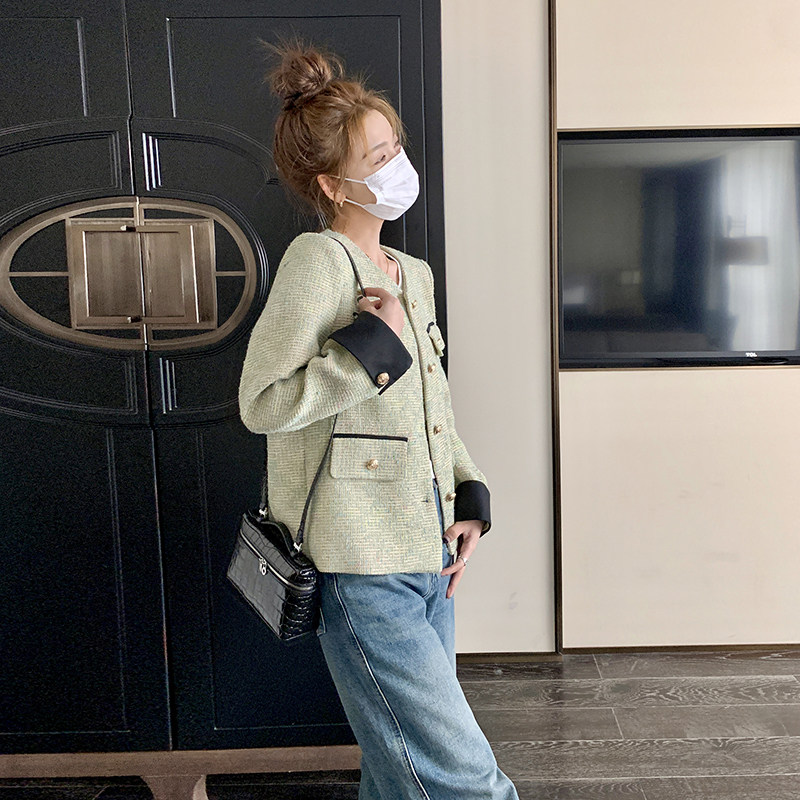 绿色毛呢小香风外套女春秋2025年新款高级感气质名媛短款夹克上衣,女装短外套,铱本正襟