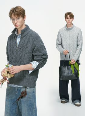 Dream made 老钱风新贵麻花开衫毛衣男冬季加厚针织衫浮雕毛线衣