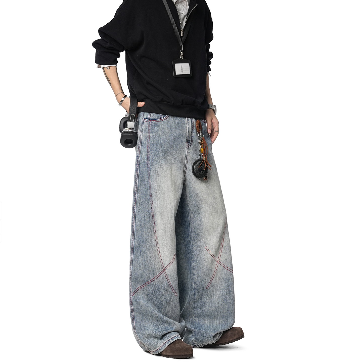 Dream made美式哈苏线水洗竹节棉牛仔裤男款秋季直筒阔腿裤子男生