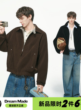 Dream made 美式绒皮巴恩风格子拼接夹克男秋季cleanfit短款外套