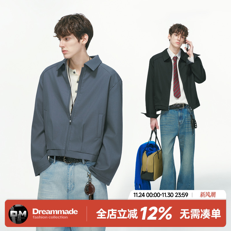 Dream made  美式cleanfit垫肩短宽西装夹克男秋季双拉链垫肩外套