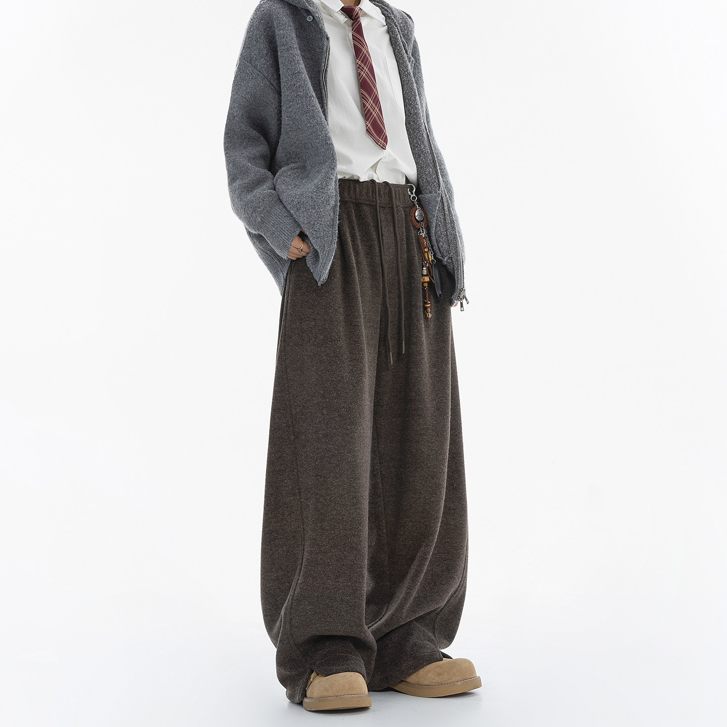 Dream made冬季加绒加厚毛呢卫男款老钱风裤子宽松直筒阔腿休闲裤