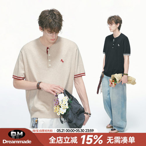 Dream made 老钱风亨利领针织短袖T恤男夏季新款马年刺绣男生半袖