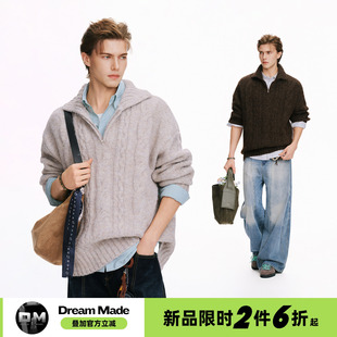 Dream made 绵羊毛半拉链麻花毛衣男款冬季加厚人夫感穿搭针织衫