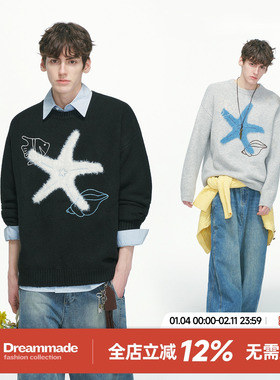 Dream made美式设计感海星刺绣毛衣男生秋冬季加厚内搭情侣针织衫