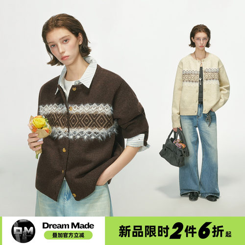 Dream made 老钱风绵羊毛开衫毛衣外套男女秋季费尔岛提花针织衫