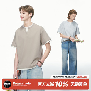 Dream made老钱风假两件V领叠穿短袖T恤男女夏季新款重磅情侣上衣