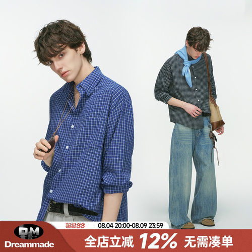 Dream made高智感蓝色格子长袖衬衫男款夏季美式休闲情侣衬衣外套