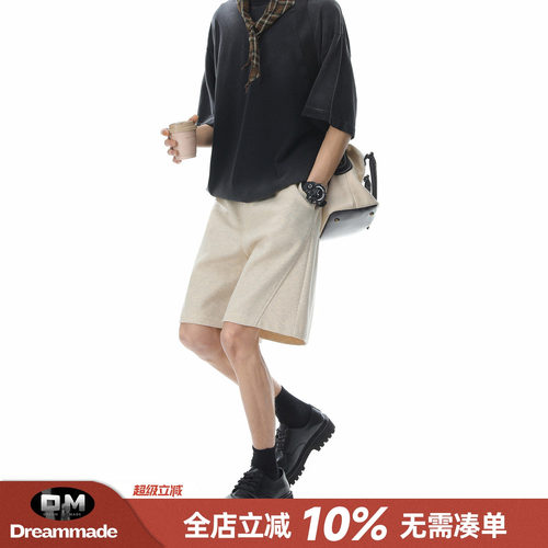 Dream made 美式复古风拼接直筒卫裤男生夏季新款休闲五分短裤子